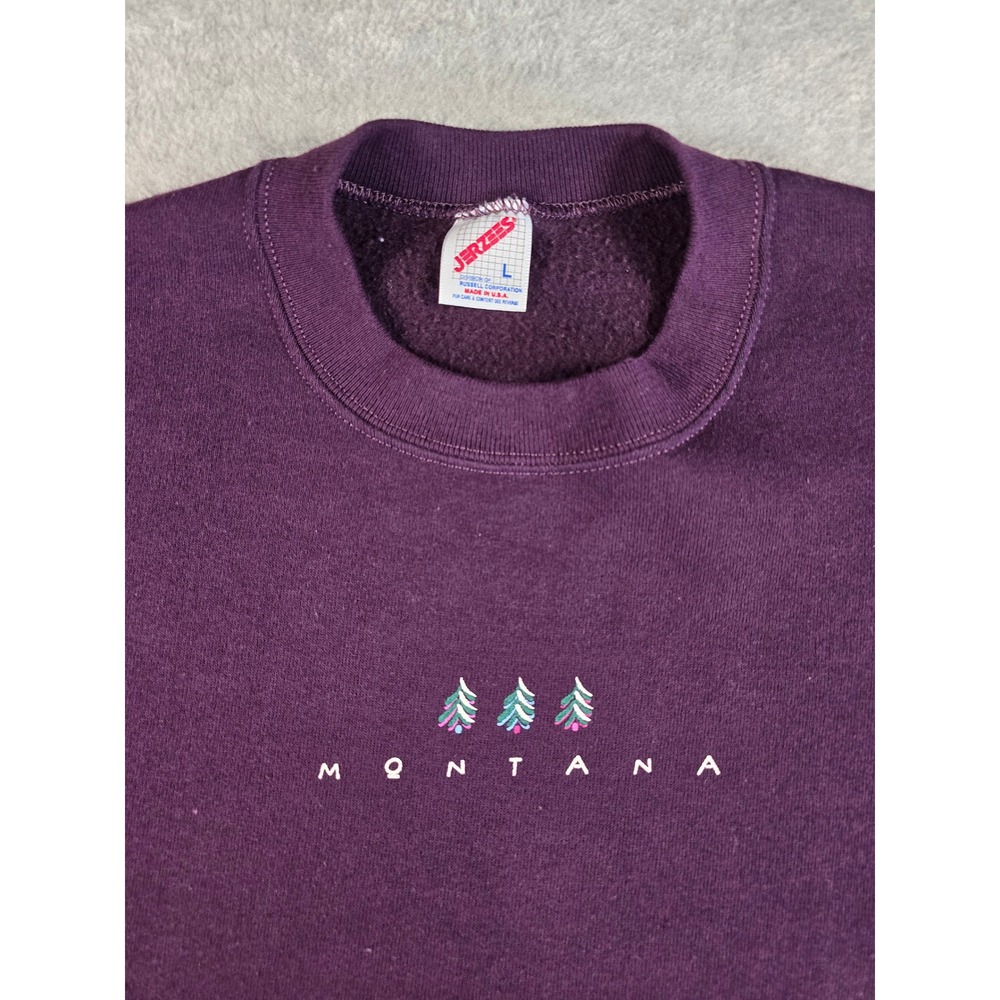 Vintage 90s Jerzees Montana Crewneck Large Purple Embroidered Trees Sweater